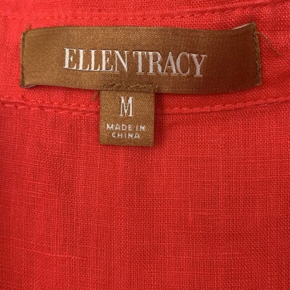Ellen Tracy Linen Red 1/2 Sleeve Roll Tab Notched Collar Pocket Shirt Size M - Picture 4 of 7